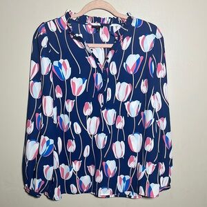 Talbots Tulip‎ Floral Navy Popover Career Top | Large Petite
